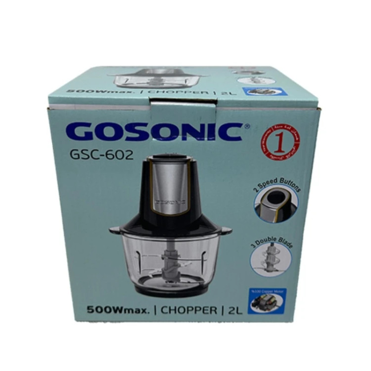 خردکن 6 تیغه 2 لیتری گوسونیک مدل GSC 602، جنس بدنه استیل مات و پلاستیک و تیغه استیل ضد زنگ